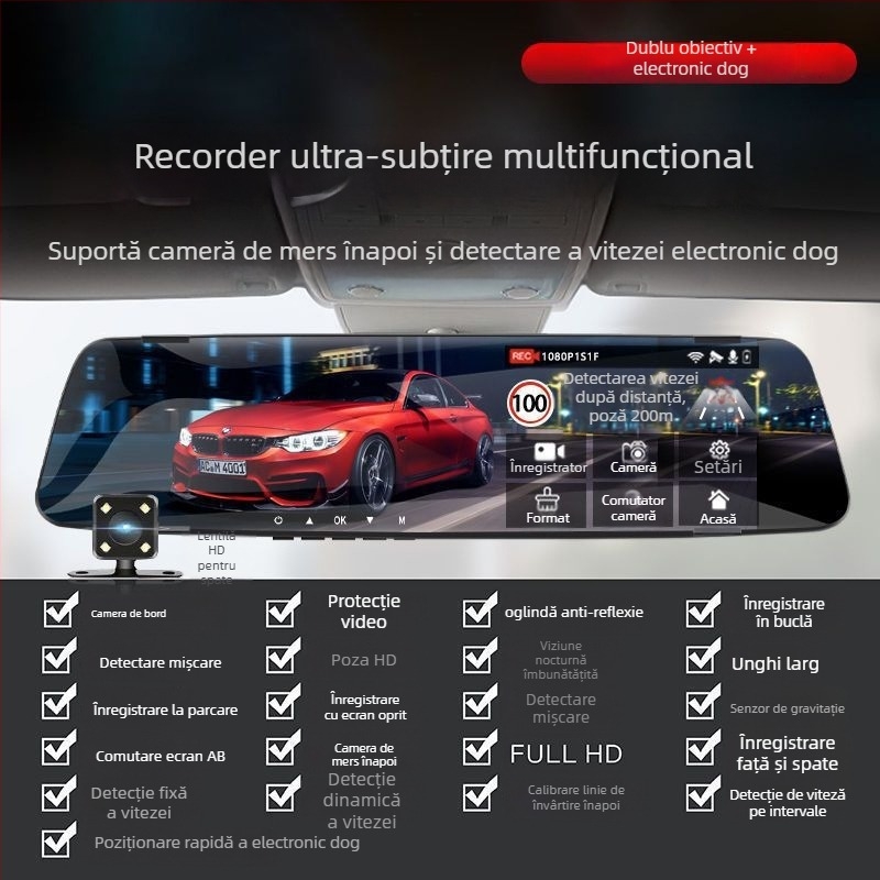 Camera auto de bord 360° cu obiective duale față-spate, 1080P, vedere pe timp de noapte, unghi de vizualizare 170°