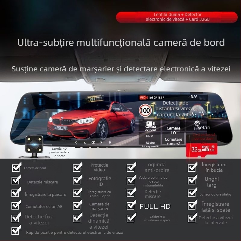 Camera auto de bord 360° cu obiective duale față-spate, 1080P, vedere pe timp de noapte, unghi de vizualizare 170°