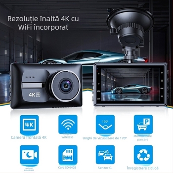 Dash cam auto cu două lentile, 1080p, vedere nocturnă îmbunătățită, unghi de 170°, înregistrare în buclă continuă
