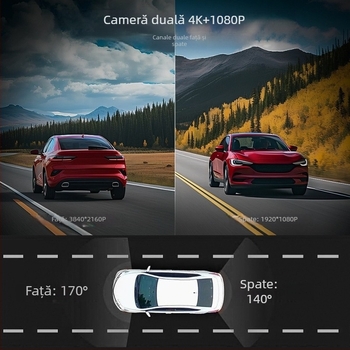 Dash cam auto cu două lentile, 1080p, vedere nocturnă îmbunătățită, unghi de 170°, înregistrare în buclă continuă