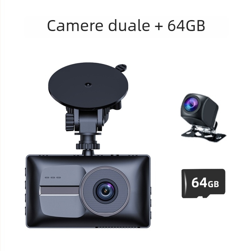 Dash cam auto cu două lentile, 1080p, vedere nocturnă îmbunătățită, unghi de 170°, înregistrare în buclă continuă
