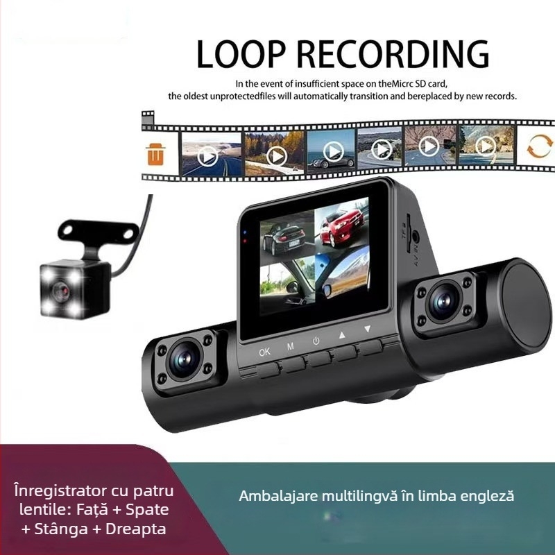 Morning journey M80Pro DVR auto cu 4 lentile, 1080p, unghi de vizualizare 170°, înregistrare în buclă cu card TF, vedere nocturnă infraroșu, montaj pe parbrizul din față