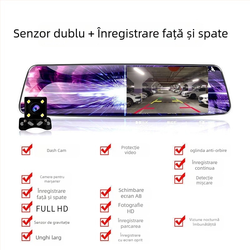 Oglindă retrovizoare cu DVR – înregistrare duală față-spate, 1080p, unghi de filmare 100°, vizibilitate nocturnă, monitorizare parcare