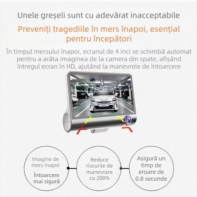 Cameră auto DVR cu trei lentile: față, interior și spate, 1080p, unghi de vizualizare 170°, vedere nocturnă