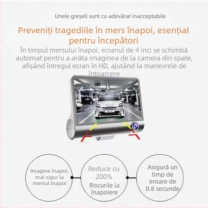 Cameră auto DVR cu trei lentile: față, interior și spate, 1080p, unghi de vizualizare 170°, vedere nocturnă
