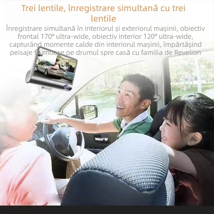 Cameră auto DVR cu trei lentile: față, interior și spate, 1080p, unghi de vizualizare 170°, vedere nocturnă