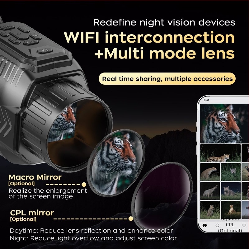 Dispozitiv infraroșu de vedere nocturnă cu WiFi, simulări de sunete ale animalelor, înregistrare pe ecran, 28x mărire, obiectiv de 25 mm