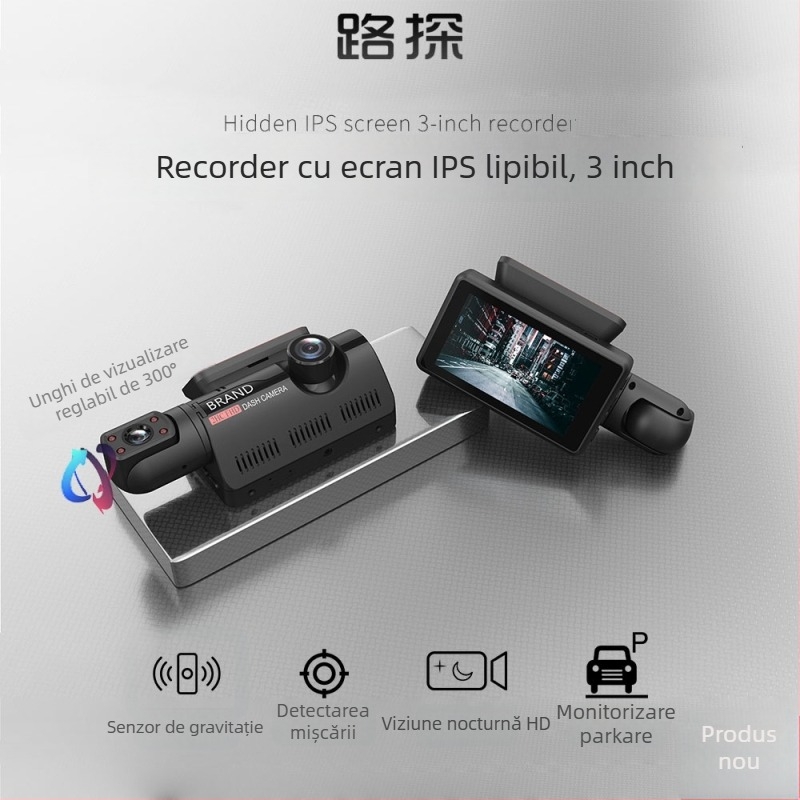 F7 Cameră auto duală față-spate - 1080p viziune de noapte, unghi 170°, ecran LCD 3,0 inch