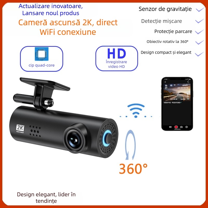 LF9 cameră auto WiFi, lentile duale, 2160P, unghi de vizualizare 170°, monitorizare parcare