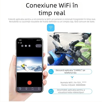 Cameră pentru cască pentru motocicletă și bicicletă de munte cu IP65, Wi‑Fi, 1080p video, unghi de 140°, suport TF card