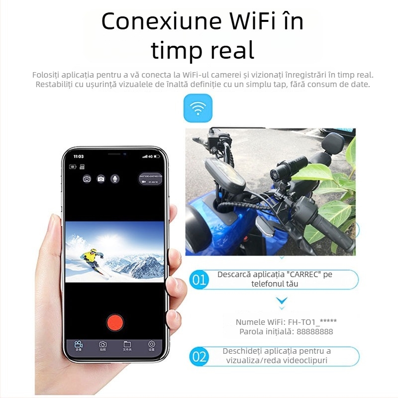 Cameră pentru cască pentru motocicletă și bicicletă de munte cu IP65, Wi‑Fi, 1080p video, unghi de 140°, suport TF card