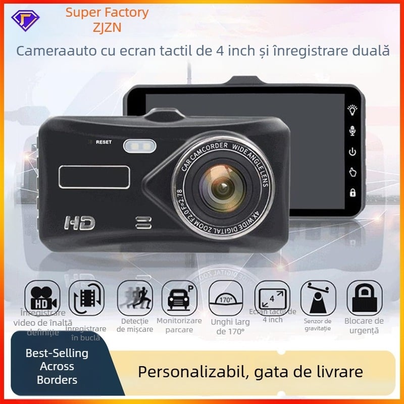 Camera pentru mașină 1080P, ecran IPS tactil, înregistrare față-spate, viziune nocturnă, unghi 170°