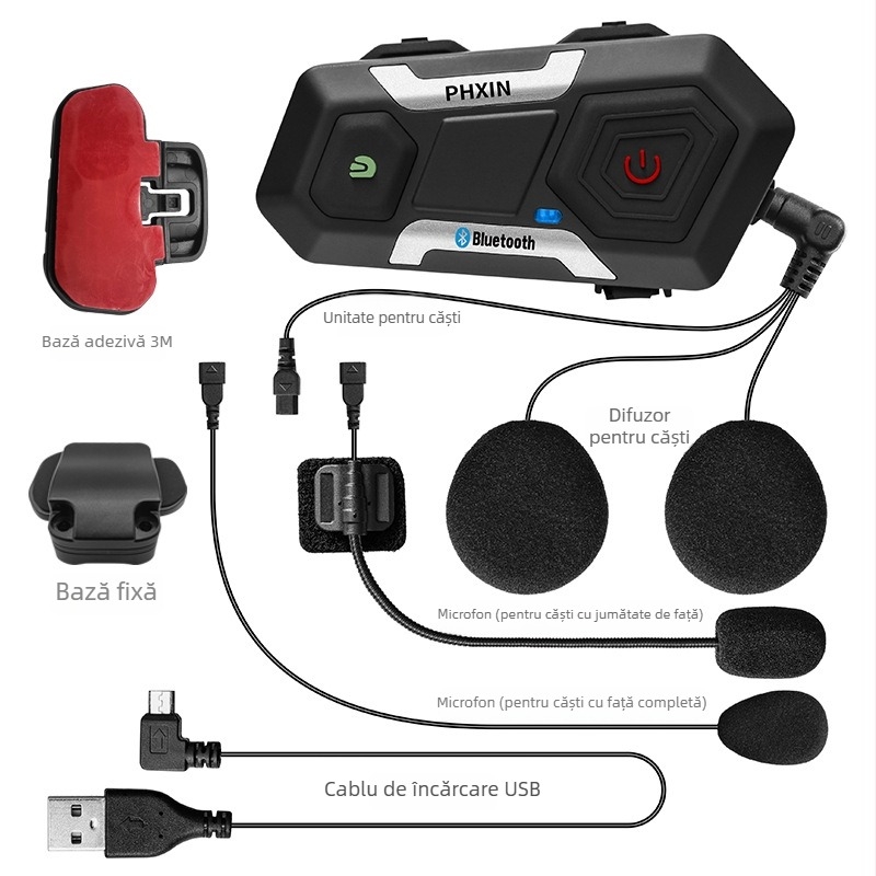 T10S-V3 set Bluetooth pentru cască de motocicletă cu intercom încorporat, impermeabil, autonomie 15 ore, rază intercom 1200 m