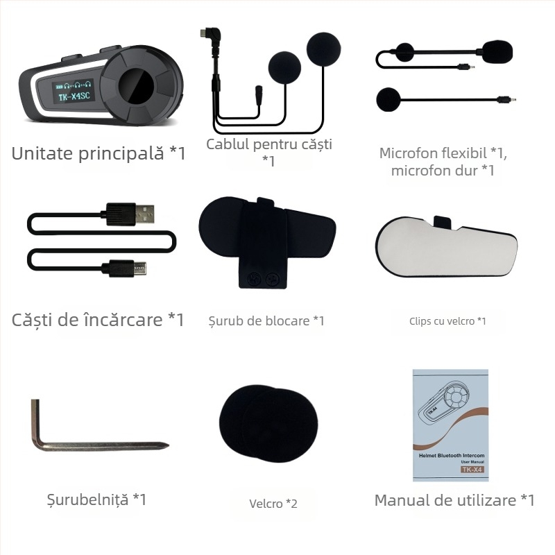 Intercom pentru cască de motocicletă TK-X4SC, rază 100 m, Bluetooth 5.0, baterie 40 h, impermeabil și rezistent la praf