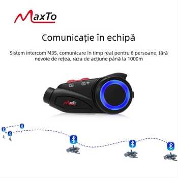 Casca Bluetooth Maxto M3: intercom pentru 6 persoane, rază 1000 m, rotire la 360°, Bluetooth 5.0, autonomie 36 h