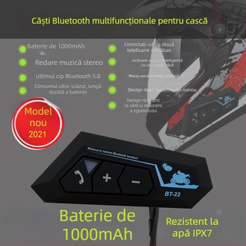 Headset Bluetooth pentru cască de motocicletă, 5.0, IPX5, baterie peste 8 ore, rază 10 m, stereo pentru ambele urechi