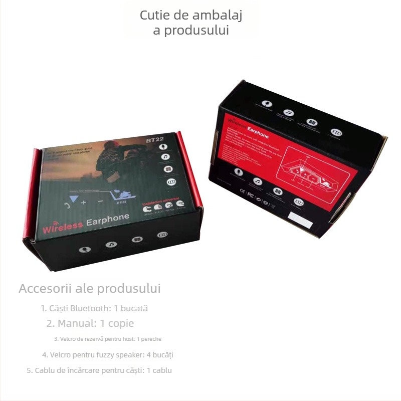 Headset Bluetooth pentru cască de motocicletă, 5.0, IPX5, baterie peste 8 ore, rază 10 m, stereo pentru ambele urechi