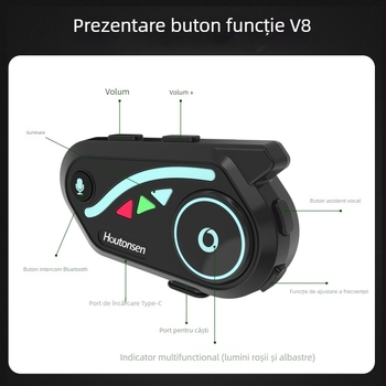 Casca Bluetooth pentru motocicletă V8 – autonomie 30h, impermeabilă, anulare zgomot, stereo, Qualcomm QCC, conectare la două telefoane