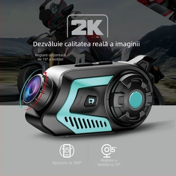 Cască moto cu Bluetooth, cameră video și intercom; înregistrare video, rază de 1 km, Bluetooth 5.0, cip Qualcomm, baterie 76 h, sunet stereo