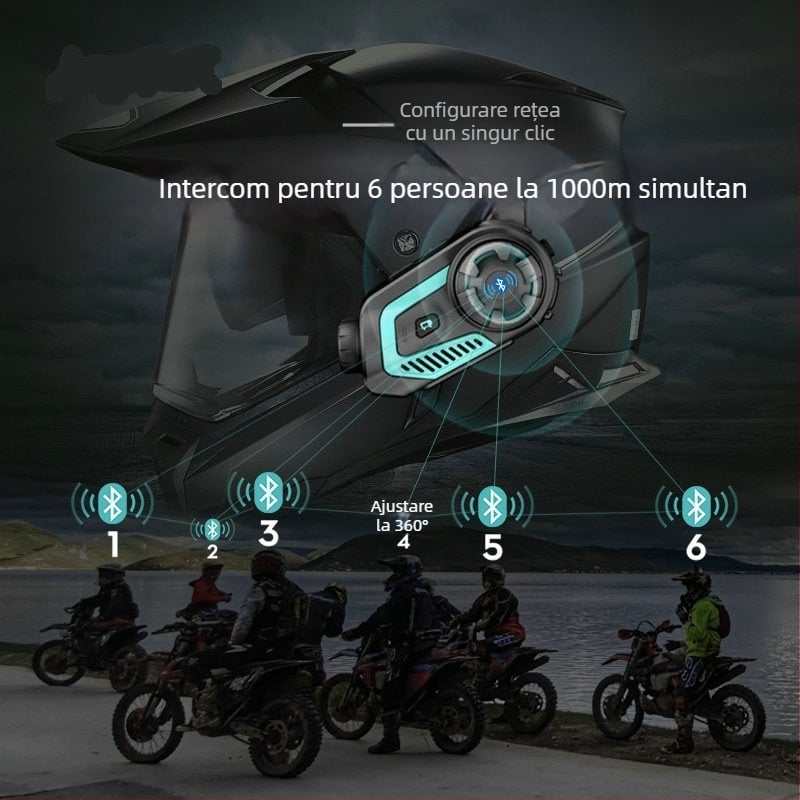 Cască moto cu Bluetooth, cameră video și intercom; înregistrare video, rază de 1 km, Bluetooth 5.0, cip Qualcomm, baterie 76 h, sunet stereo