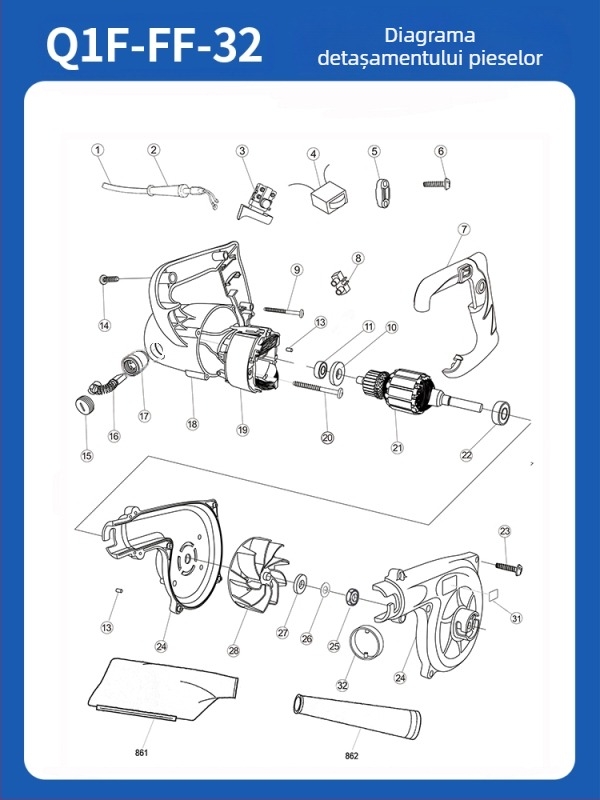 Comutator rotor-stator pentru unealtă electrică (Q1F-FF-32) 36V, piesă de schimb Dongcheng