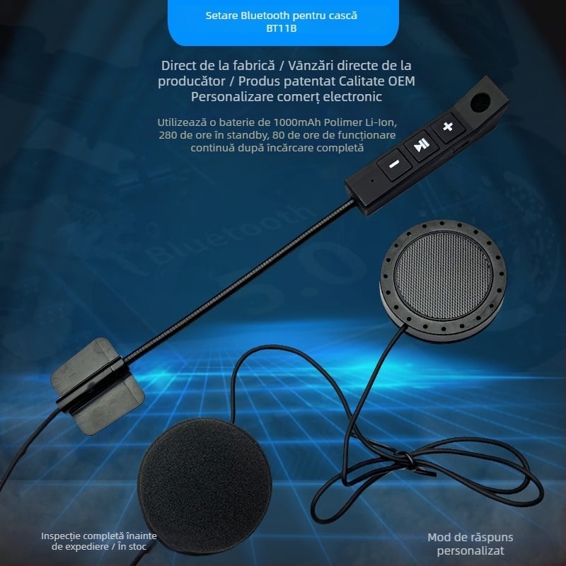 Cască de motocicletă cu headset Bluetooth (baterie de 80 ore, Bluetooth 5.0, autonomie de 10 m, impermeabil, stereo)