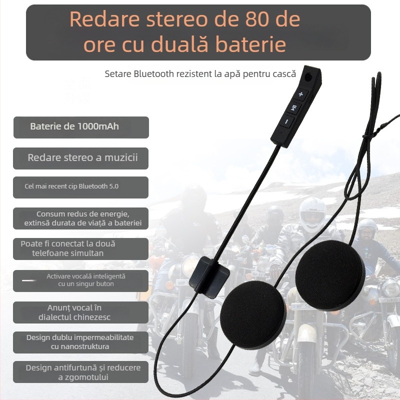 Cască de motocicletă cu headset Bluetooth (baterie de 80 ore, Bluetooth 5.0, autonomie de 10 m, impermeabil, stereo)