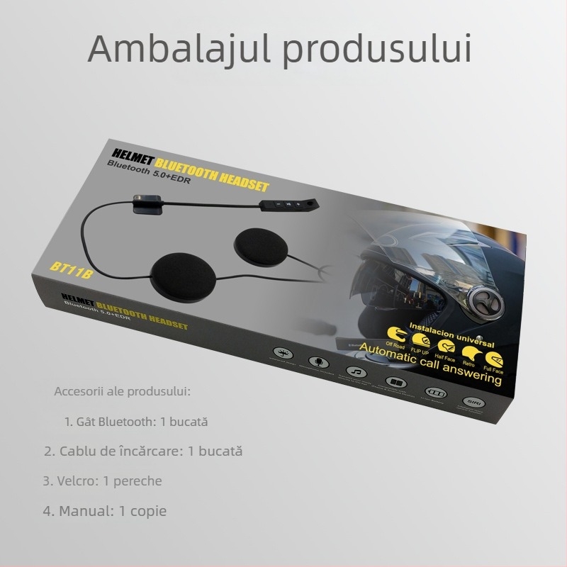 Cască de motocicletă cu headset Bluetooth (baterie de 80 ore, Bluetooth 5.0, autonomie de 10 m, impermeabil, stereo)