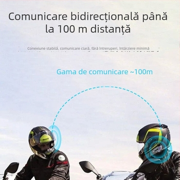 Set Bluetooth pentru cască de motocicletă, rază 100 m, Bluetooth 5.0, stereo dual, autonomie 4–8 ore