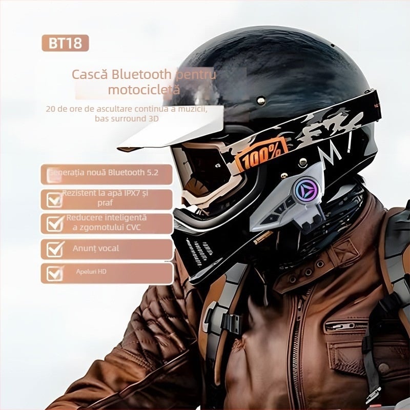 Set Bluetooth pentru cască de motocicletă, rază 100 m, Bluetooth 5.0, stereo dual, autonomie 4–8 ore