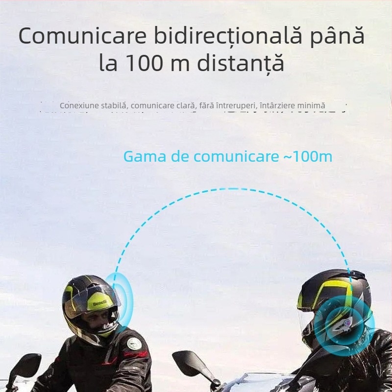 Set Bluetooth pentru cască de motocicletă, rază 100 m, Bluetooth 5.0, stereo dual, autonomie 4–8 ore