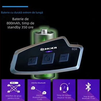 MODI 60R Intercom pentru motocicletă, Bluetooth 5.1, rază 1000 m, impermeabil, networking cu One-Touch, muzică și control vocal