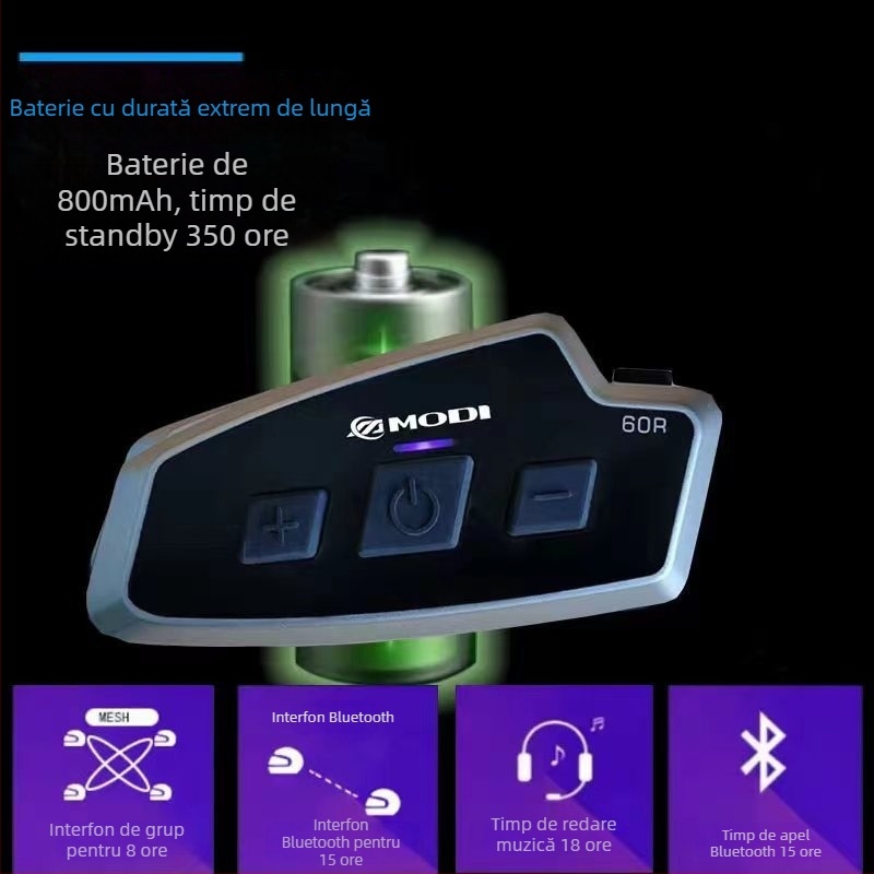 MODI 60R Intercom pentru motocicletă, Bluetooth 5.1, rază 1000 m, impermeabil, networking cu One-Touch, muzică și control vocal