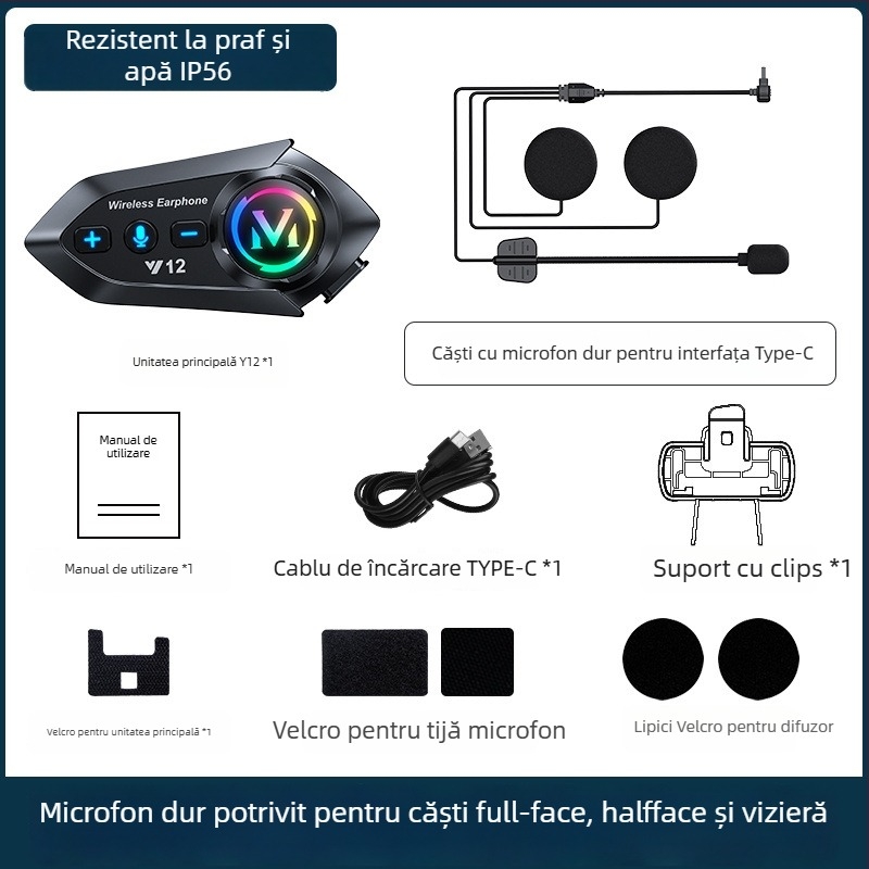 Cască Bluetooth pentru motocicletă – stereo bilateral, BT 5.0, rază 10 m, baterie 13 h, conectare la două telefoane