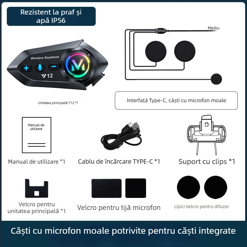 Cască Bluetooth pentru motocicletă – stereo bilateral, BT 5.0, rază 10 m, baterie 13 h, conectare la două telefoane