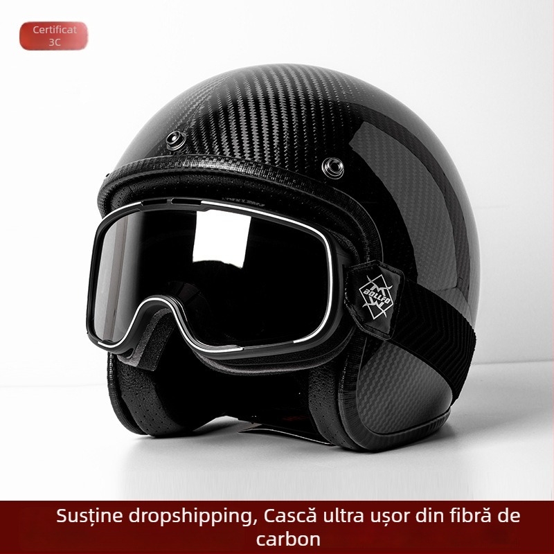 Cască de motocicletă din fibră de carbon 3/4, stil retro american, Huanshou, pentru adulți, călătorii, certificat 3C