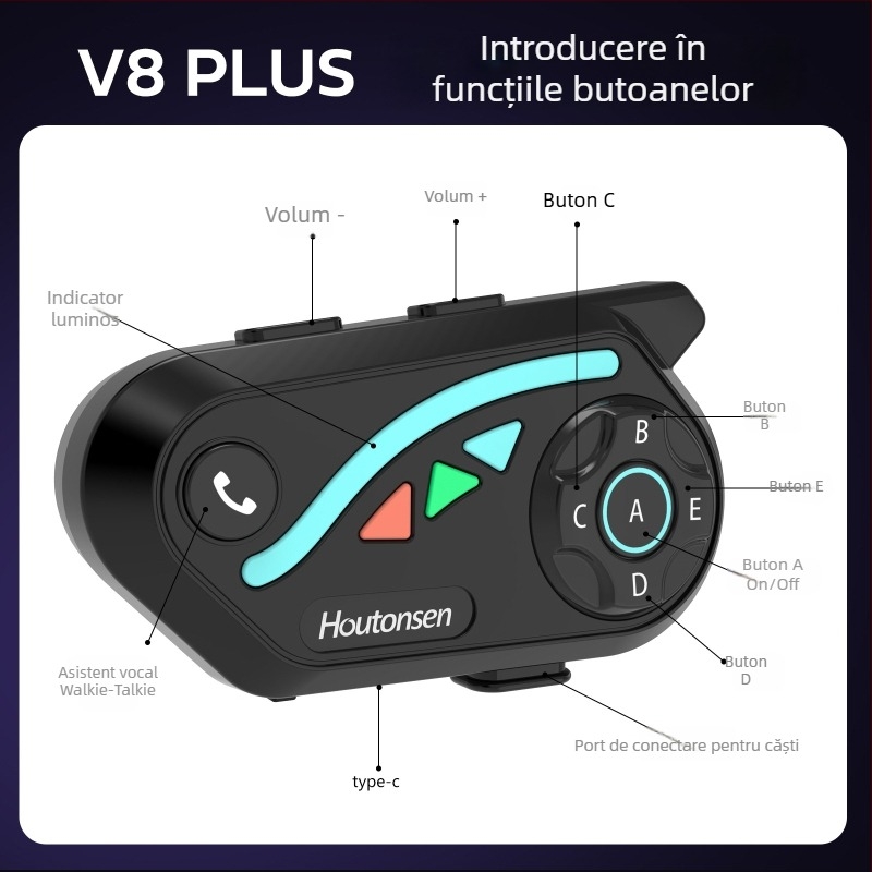 V8Plus intercom Bluetooth pentru motocicletă, comunicare în timp real 1 la 7, rază 1500 m, partajare muzică, reducere inteligentă a zgomotului