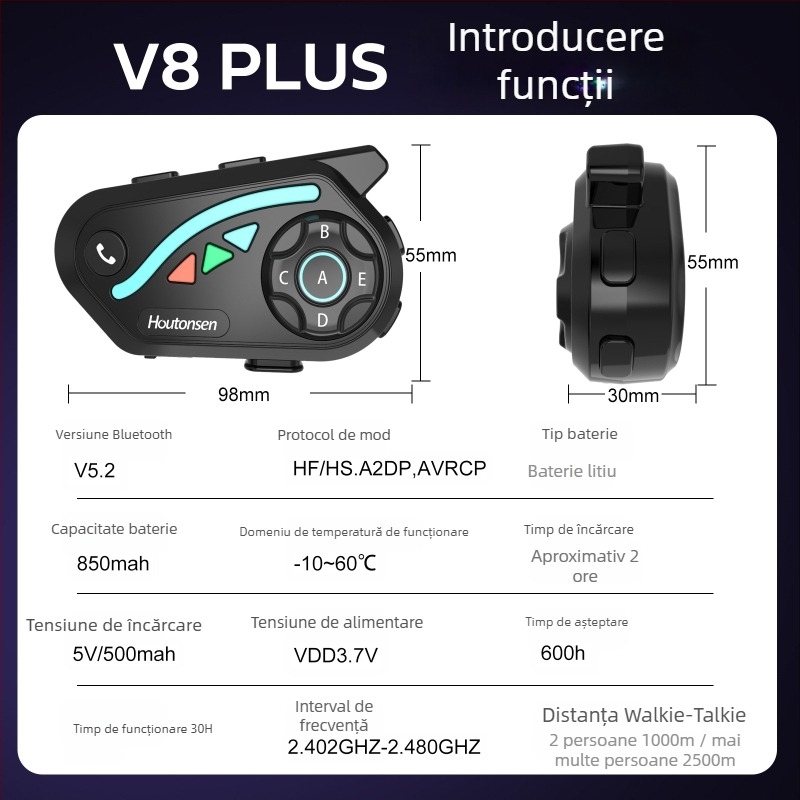 V8Plus intercom Bluetooth pentru motocicletă, comunicare în timp real 1 la 7, rază 1500 m, partajare muzică, reducere inteligentă a zgomotului