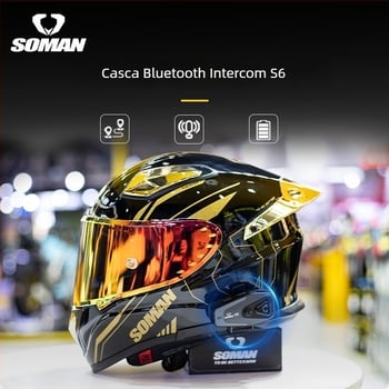 SOMAN headset Bluetooth pentru cască de motocicletă — impermeabil S6, rază 10 m, 25 h baterie, Bluetooth 5.0, sunet 3D