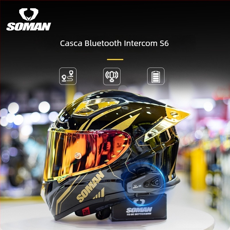SOMAN headset Bluetooth pentru cască de motocicletă — impermeabil S6, rază 10 m, 25 h baterie, Bluetooth 5.0, sunet 3D