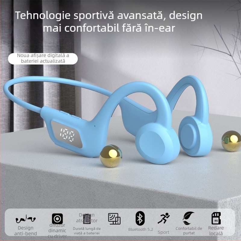 Căști Bluetooth cu conducție osoasă, montate la nivelul gâtului, slot pentru card, display digital, Bluetooth 5.0