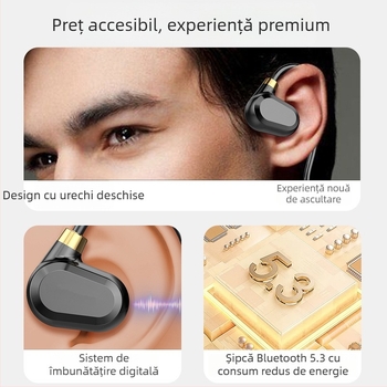 Căști cu conducție osoasă pentru alergare, fără fir Bluetooth, montate pe ureche, BT 5.3, rază 10 m, baterie peste 8 ore, rezistente la apă pentru utilizare zilnică