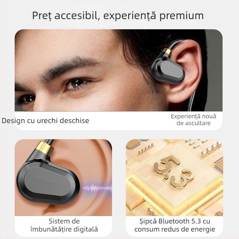 Căști cu conducție osoasă pentru alergare, fără fir Bluetooth, montate pe ureche, BT 5.3, rază 10 m, baterie peste 8 ore, rezistente la apă pentru utilizare zilnică
