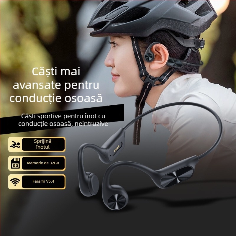 Cască cu conductie osoasă, memorie încorporată de 32GB, Bluetooth 5.4, IPX8 rezistente la apă, autonomie baterie peste 8 ore