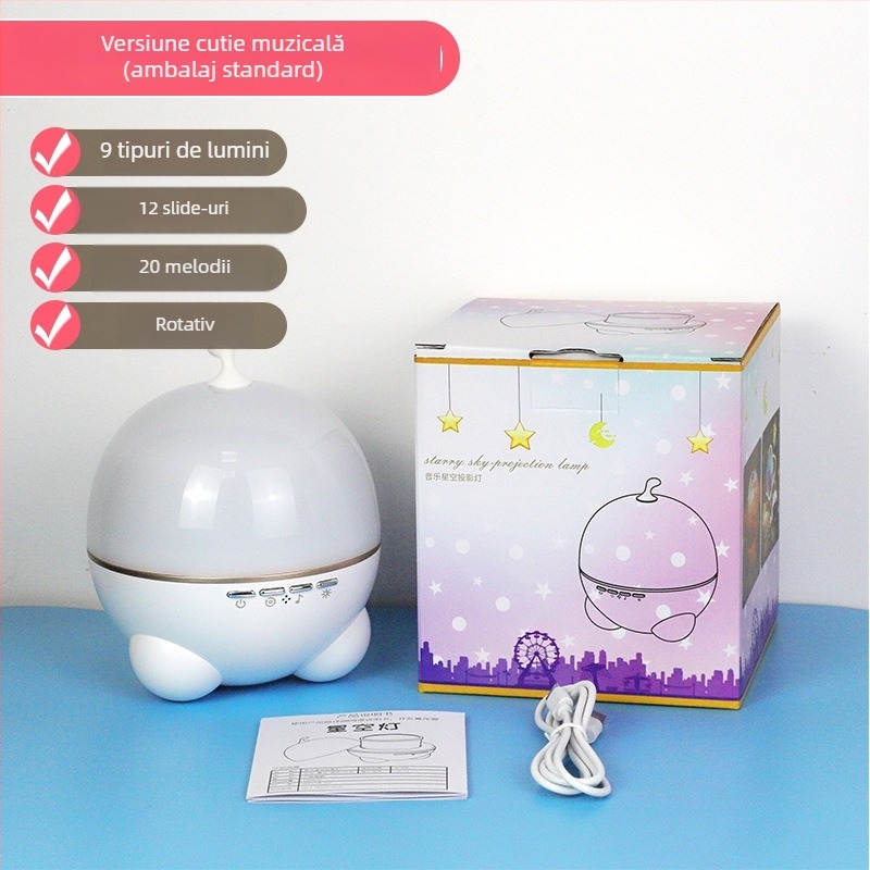 Proiector de cer înstelat cu cutie muzicală – alimentare USB, baterie Li-ion încorporată, Bluetooth, telecomandă, sunet