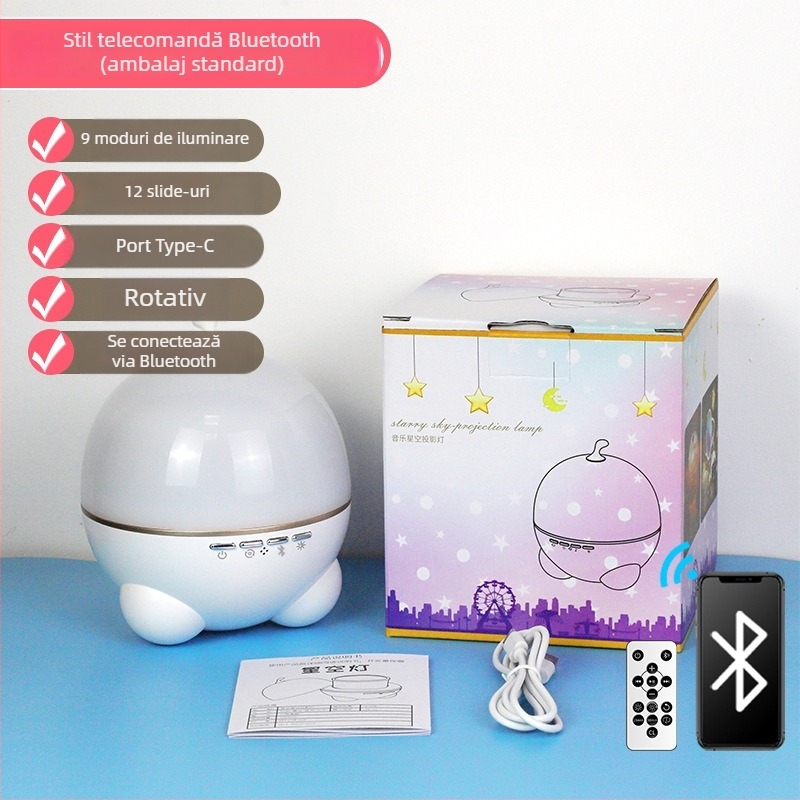 Proiector de cer înstelat cu cutie muzicală – alimentare USB, baterie Li-ion încorporată, Bluetooth, telecomandă, sunet