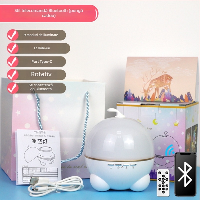 Proiector de cer înstelat cu cutie muzicală – alimentare USB, baterie Li-ion încorporată, Bluetooth, telecomandă, sunet