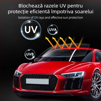 Film pentru geamuri auto, izolație termică și protecție UV, PET, 2 mil, lățime 30–150 cm, transmisie luminoasă 1–70%, blocare UV peste 90%