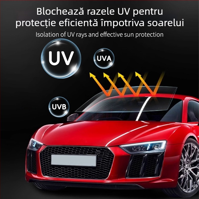 Film pentru geamuri auto, izolație termică și protecție UV, PET, 2 mil, lățime 30–150 cm, transmisie luminoasă 1–70%, blocare UV peste 90%