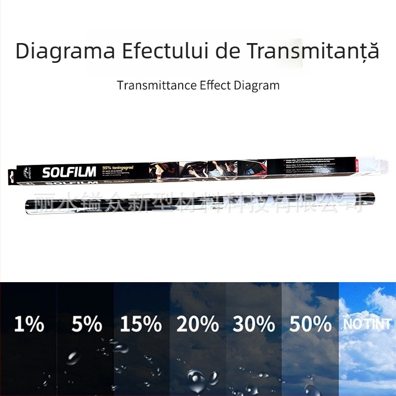 Film pentru geamuri auto, izolație termică și protecție UV, PET, 2 mil, lățime 30–150 cm, transmisie luminoasă 1–70%, blocare UV peste 90%